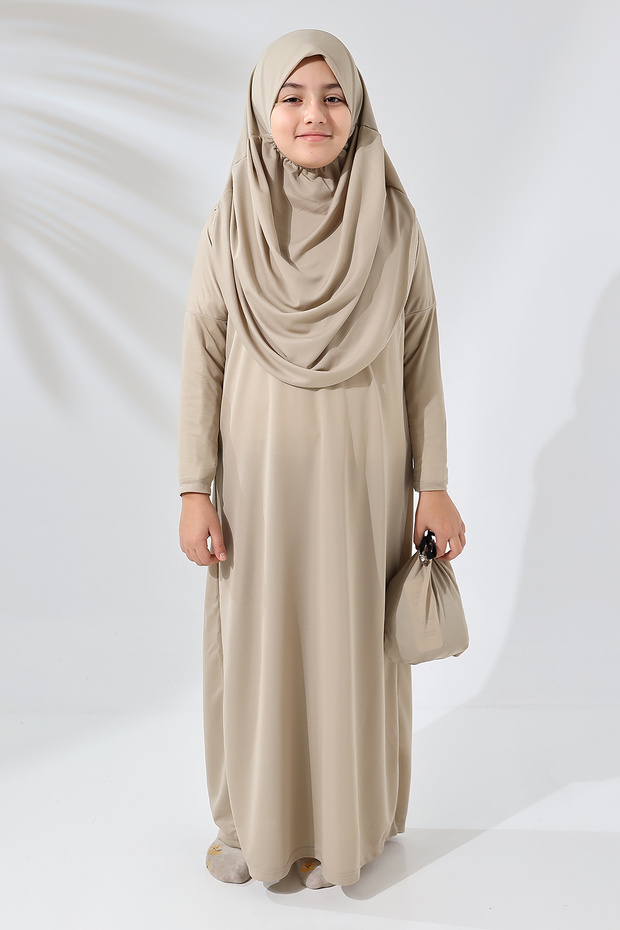 One Piece Practical Children's Prayer Dress with Headscarf Cream