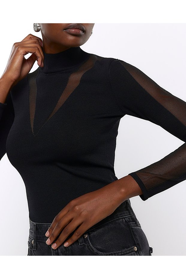 Bodysuit with Collar and Sleeves with Tulle Details