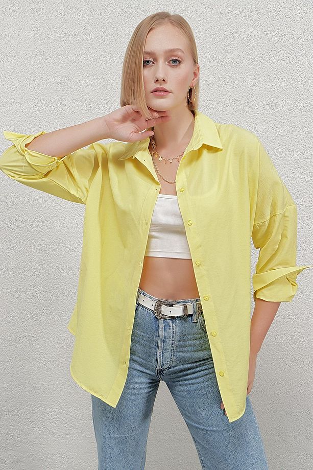 Kadın Sarı Oversize Uzun Basic Gömlek Hzl22w-bd139001 - 4