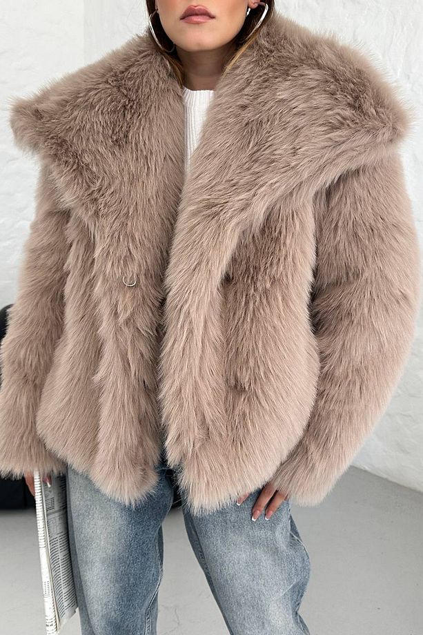 kadın camel oversize çıtçıtlı ithal kürk mont NBG037 - 8