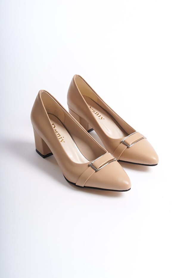 Women's Verta Skin Leather 6 Cm Thick Heeled Buckle Detailed Light Pointed Toe Classic Shoes