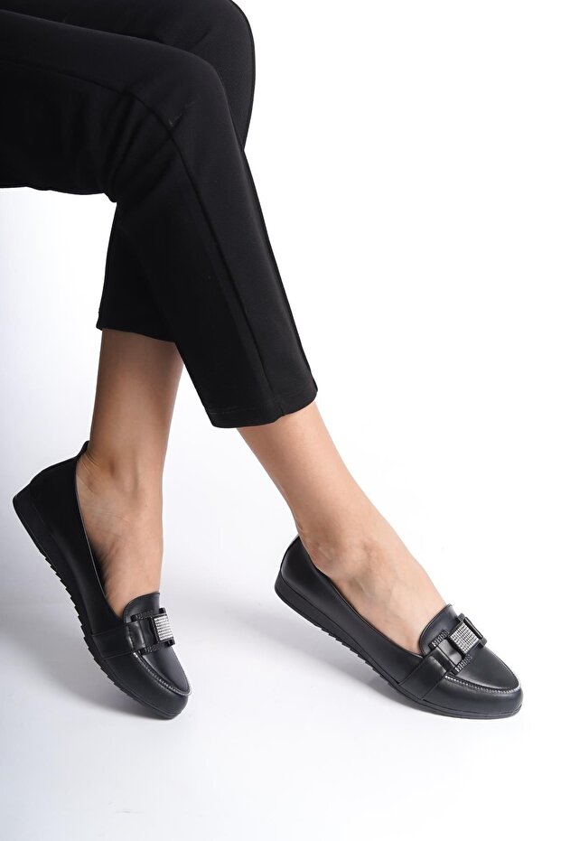 Women's Arya Black Jewelled Buckle Treated Flat Ballerinas