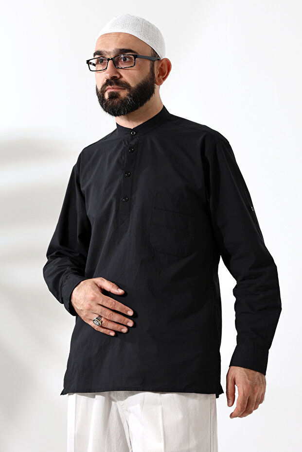 Men's 100% Cotton Voile Relaxed Fit Judge Collar Half Placket Black Hajj Umrah Shirt