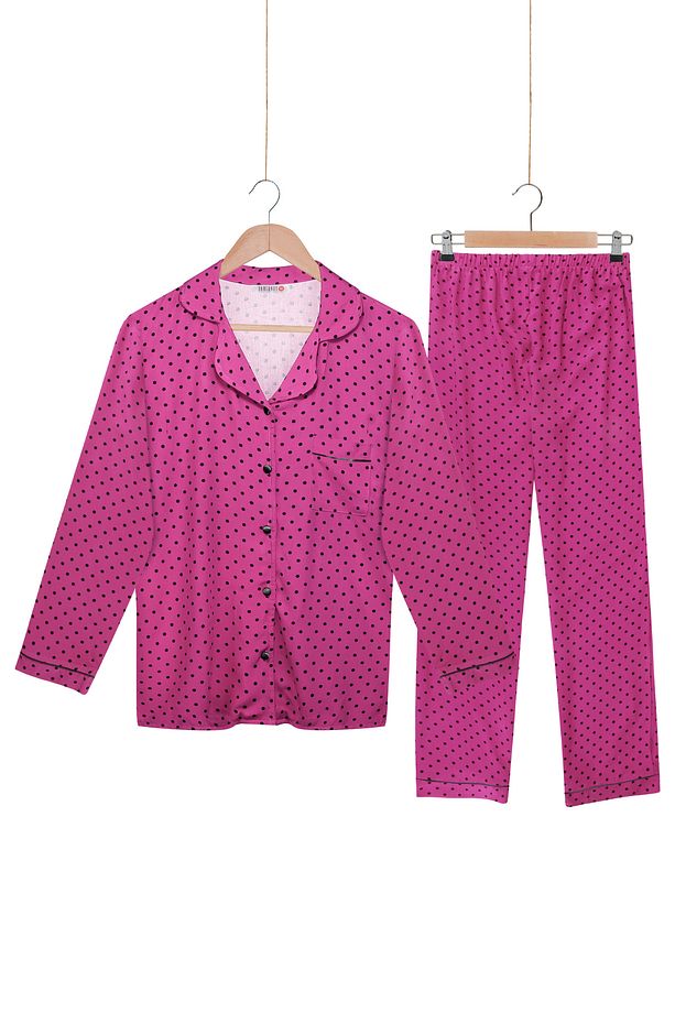 %100 Dokuma Poplin Viskon Uzunkol Düğmeli Pijama Takım - 1