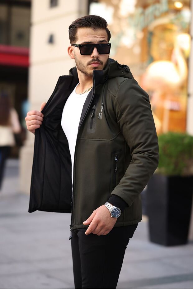 Outdoor Hooded Water and Windproof Quilted Fur Fiber Filled Inflatable Khaki Softshell Coat