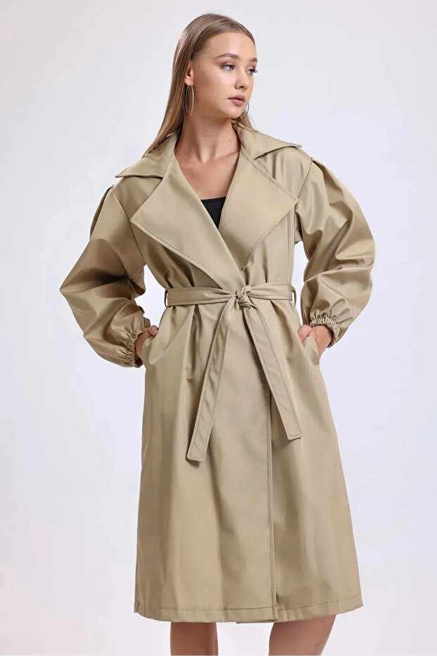Seasonal Woven Trench Coat with Balloon Sleeve and Belt