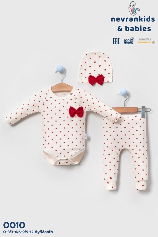 Heart Pattern 3’lü Yenidoğan Kız Bebek Hastane Çıkışı Seti - 5