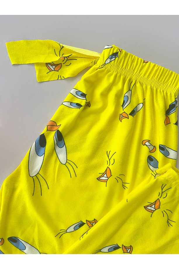 Kadın Sarı Tweety Desenli Süet Tek Alt Pijama - 4