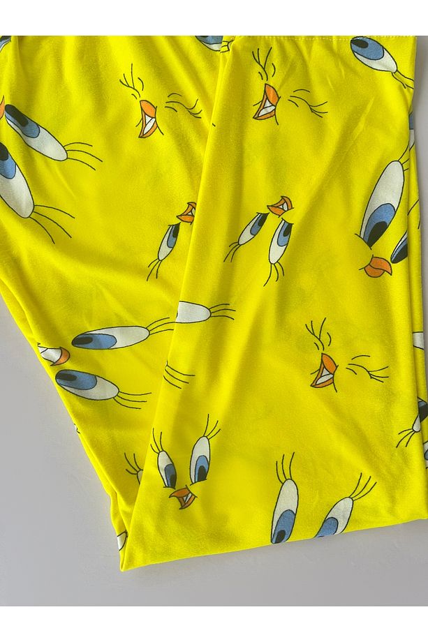 Kadın Sarı Tweety Desenli Süet Tek Alt Pijama - 3