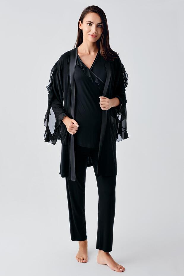 Long Chiffon Sleeves Stretchy Viscous Maternity Dressing Gown Sleepwear Suit