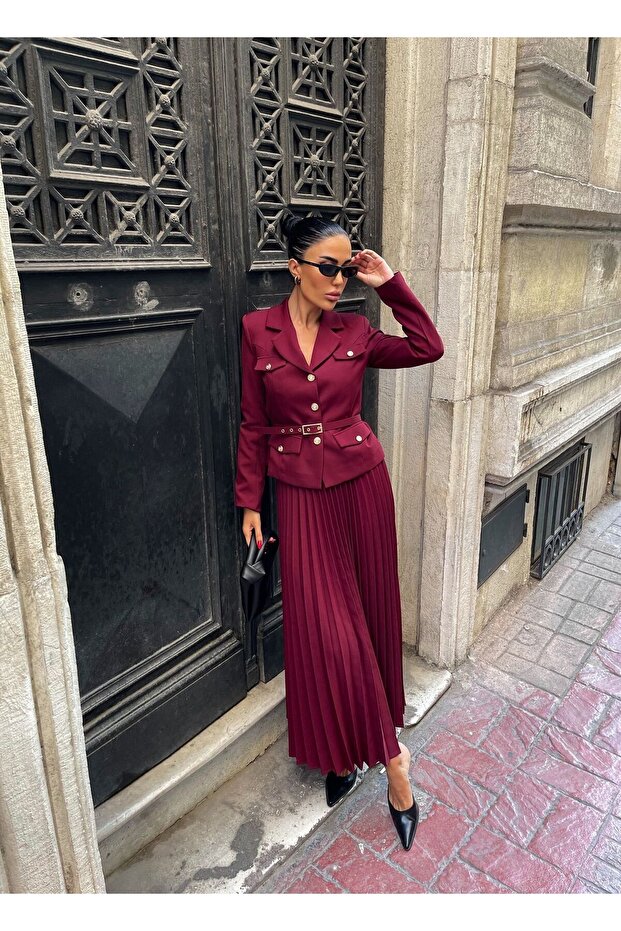 Elizabeth Gold - Belted Blazer Jacket and Pleated Long Skirt Set