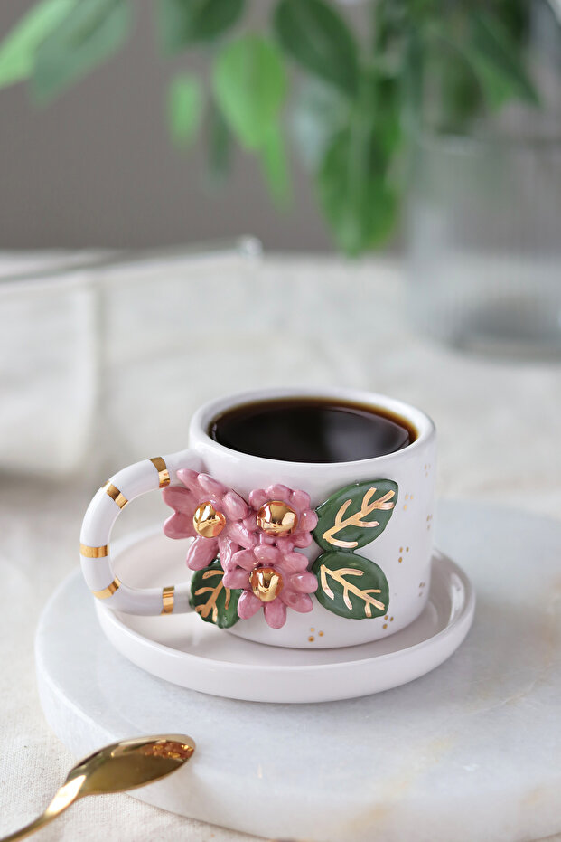Handmade Flower Figured 24K Gold Decorated Ceramic Mug 170ml