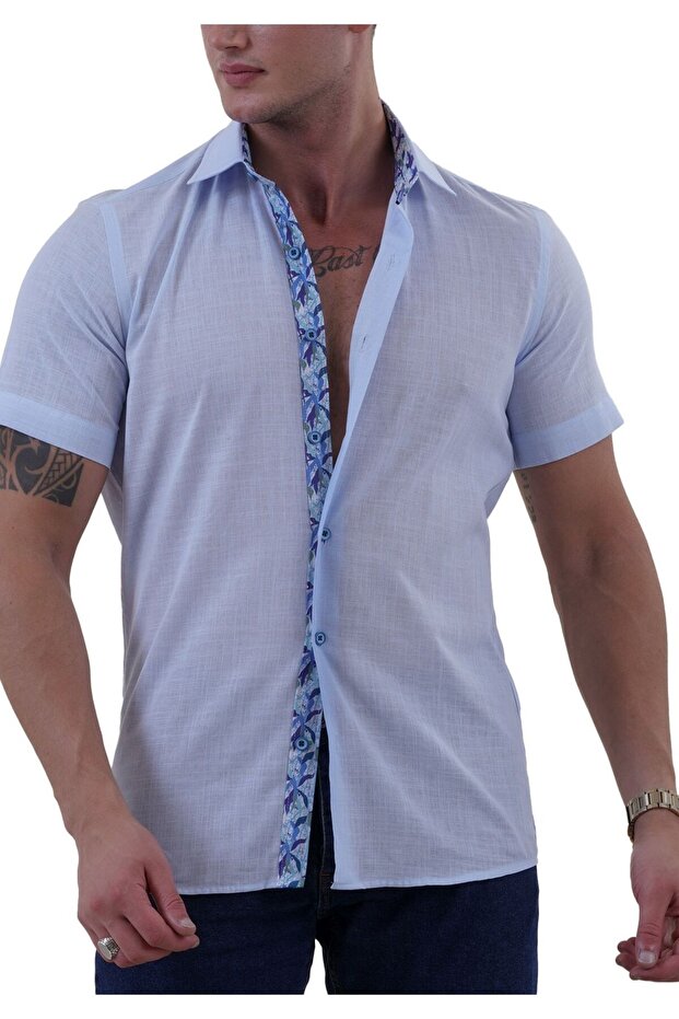 Blue Flared Linen Collar and Chest Patch Print Detailed Slim Fit Short Sleeve Summer Shirt