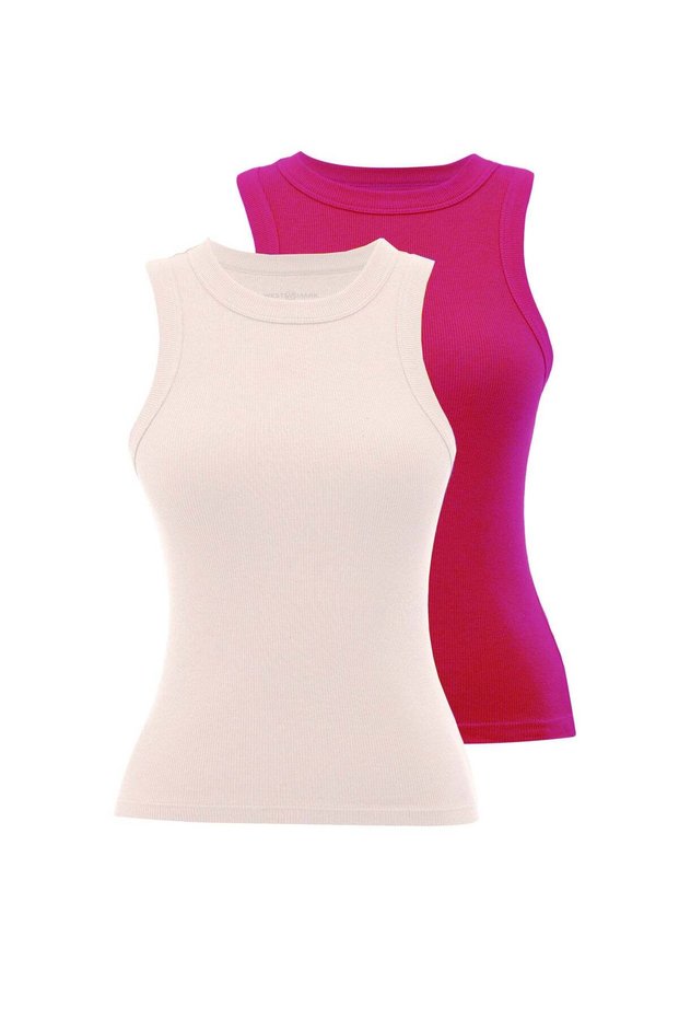 White and Pink Crew Neck Women's T-Shirt - Wmclara Rib Tank Top, Cotton Elastane Blend
