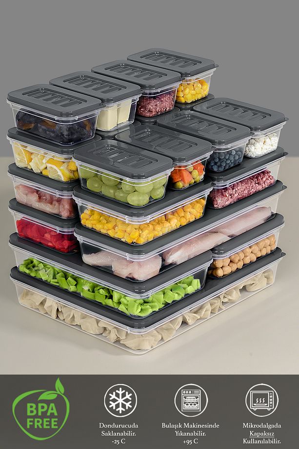 21 Parça Mikrodalga Difrize Uygun Saklama Kabı -1x2400ml 2x1170ml 2x1200ml 4x600ml 12x240ml Antrasit - 3