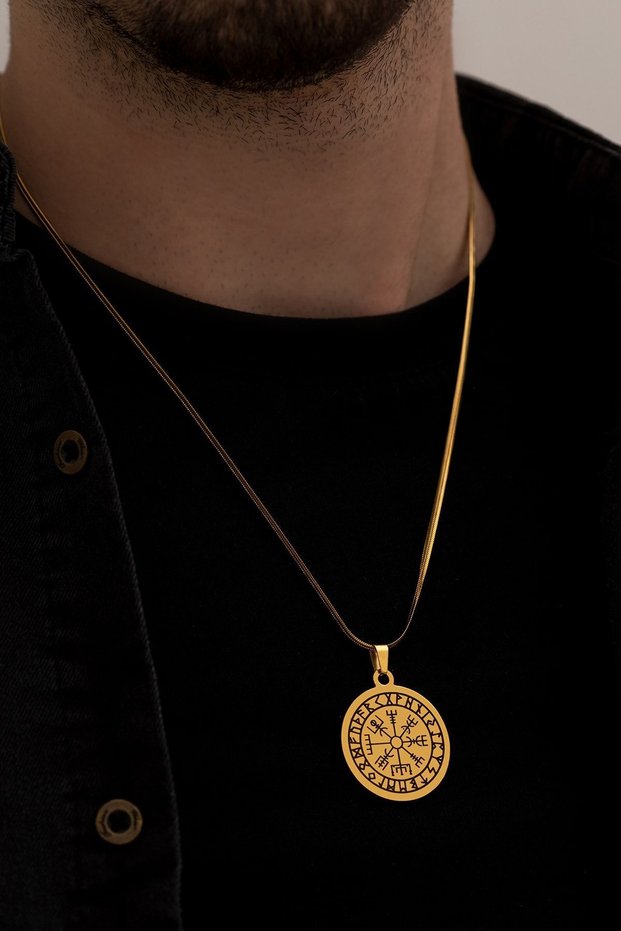 Viking Compass Model Yellow Men's Steel Pendant, Gift for Lover, Spouse, Father, Necklace