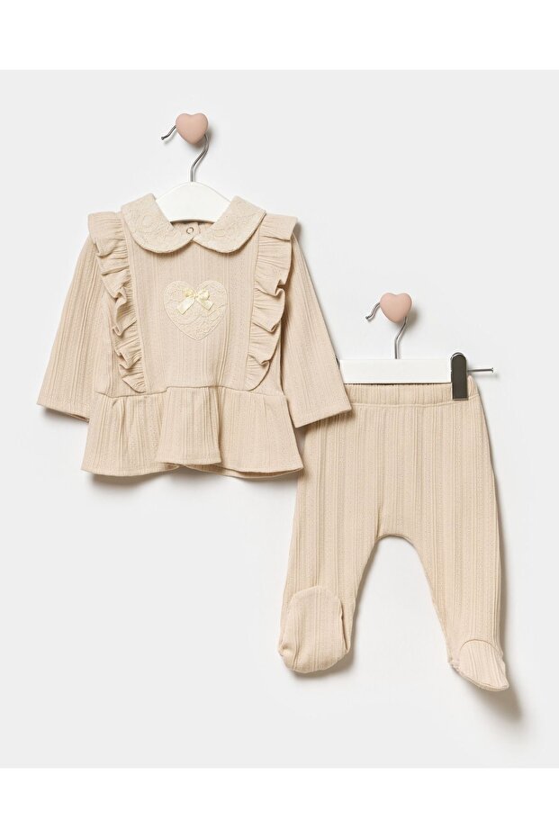 Baby Girl Booties Newborn Cotton Top and Bottom Set Beige