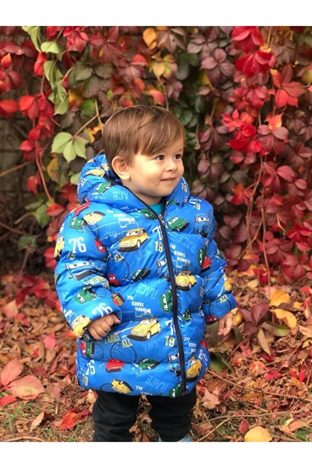 Boy's Car Patterned Printed Filled Inner Fleece Hooded Winter Inflatable Children's Coat