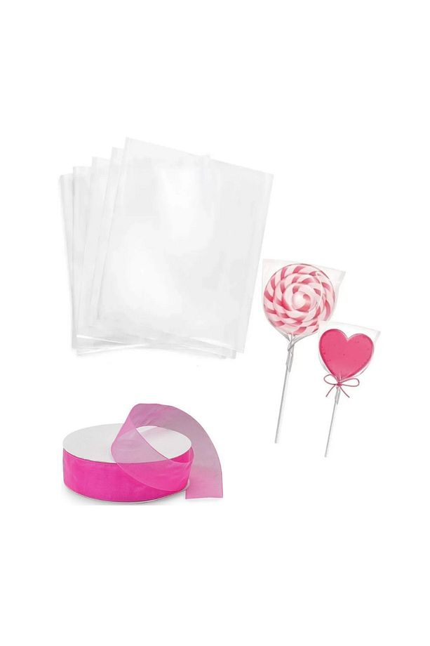 Kurabiye Poşeti + Pembe Kurdele Seti 101li Ambalajlama Seti Sabun Kokulu Taş Lolipop Poşeti - 1
