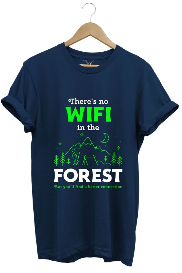 Outdoor Nature Camping No Wifi Design Printed 100% Cotton Regular Fit Navy Blue T-Shirt