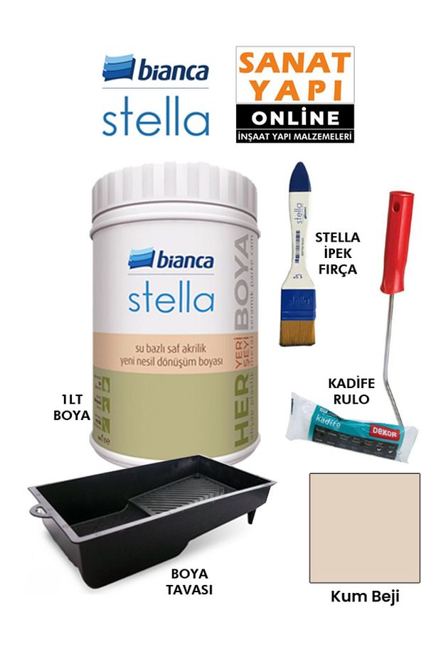 Stella Boya 4 Parçalı Set ( 1Lt Boya - Boya Tavası- Stella İpek Fırça - Kadife Rulo ) - 1