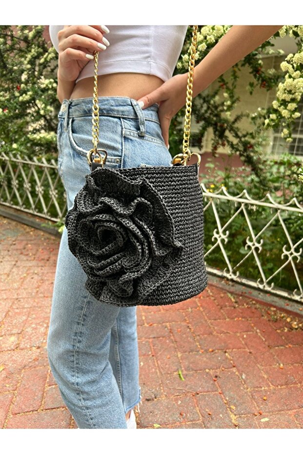 Hasır örgü yuvarlak omuz çantası - 1