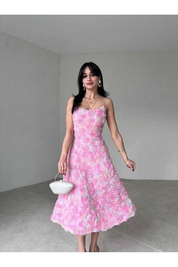 PEMBE ELBİSE 3 BOYUTLU MİDİ ELBİSE - 1