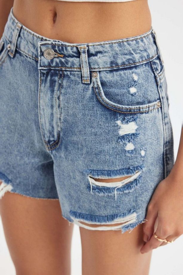 Yırtık Detaylı Yüksek Bel Denim Şort - 5
