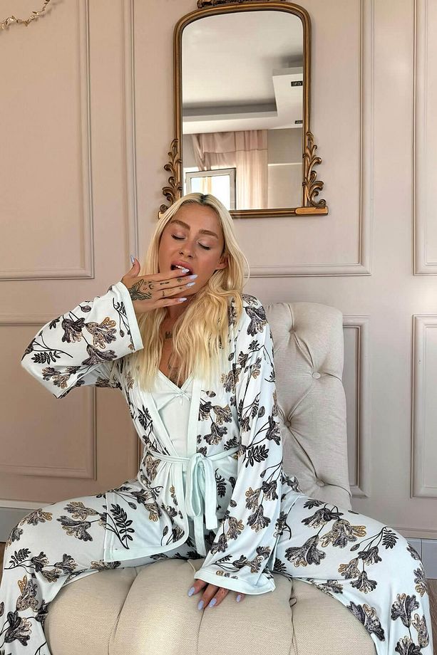 Mint Dallı Yaprak Desenli Termal Sabahlıklı Kadın Pijama Takımı - 3