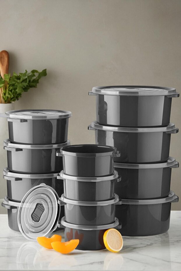 Set of 12 Round Storage Containers for Microwave and Deep Freezer - Anthracite - 1