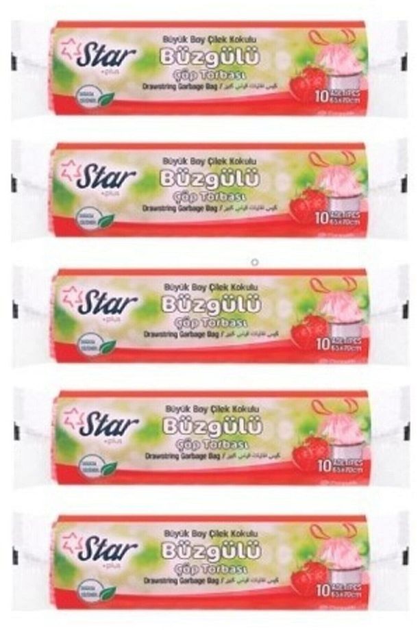 Büzgülü Çöp Torbası / Poşeti - Büyük Boy 65x70 - Çilek Kokulu - 5 Rulo = 50' Li - 1