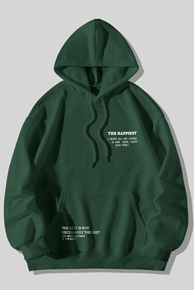 Unisex Green Happiest Printed Oversize Hooded Sweatshirt