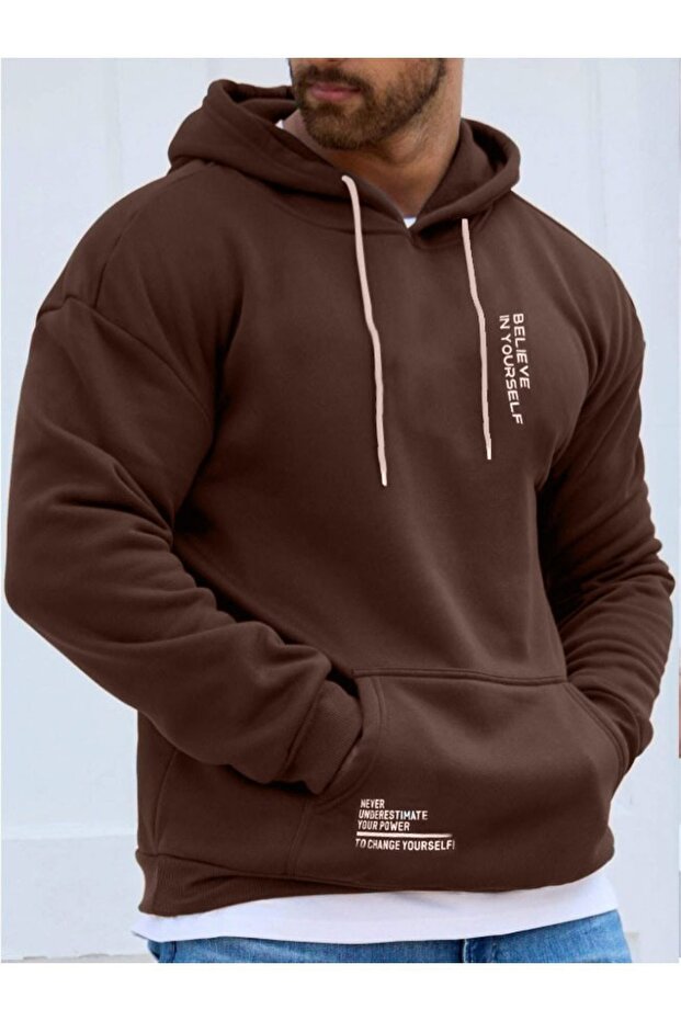Men's Brown Believe Printed Oversize Hooded Sweatshirt