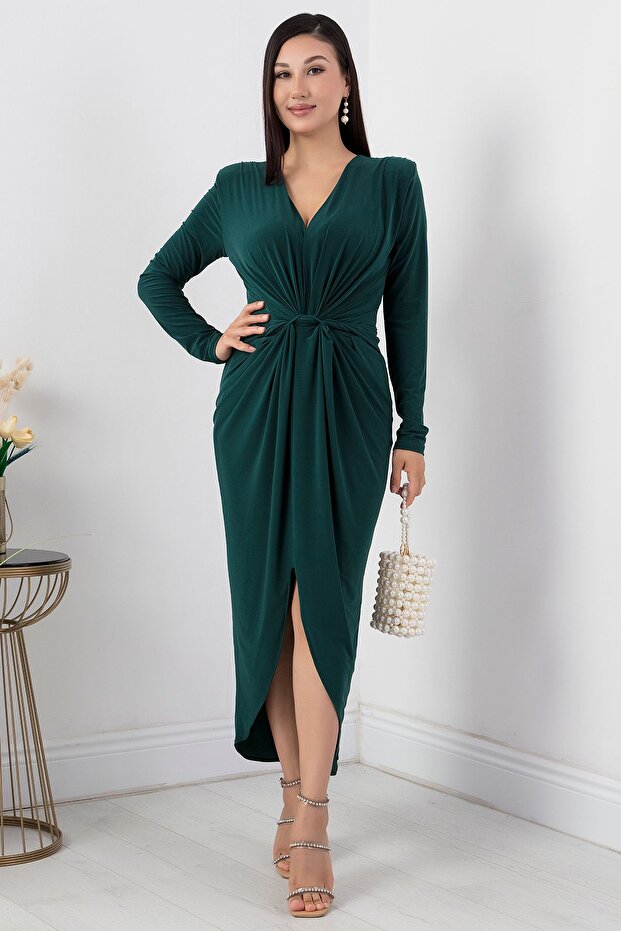 V Yaka Uzun Kol Sandy Elbise NY4411 - 1