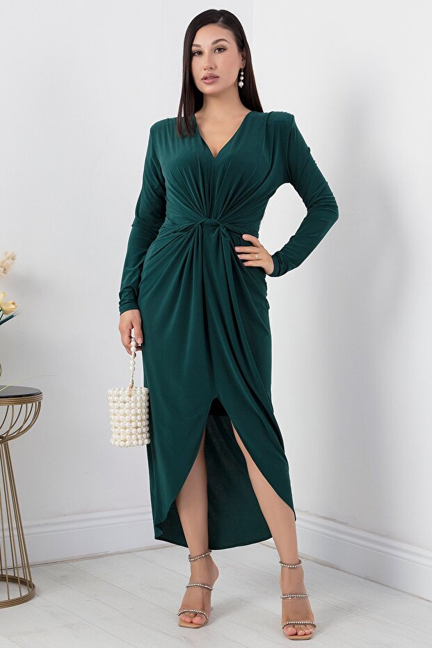 V Yaka Uzun Kol Sandy Elbise NY4411 - 3