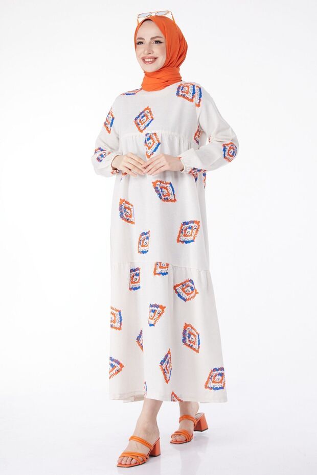 Plain Crew Neck Women's Orange Patterned Dress - 13151