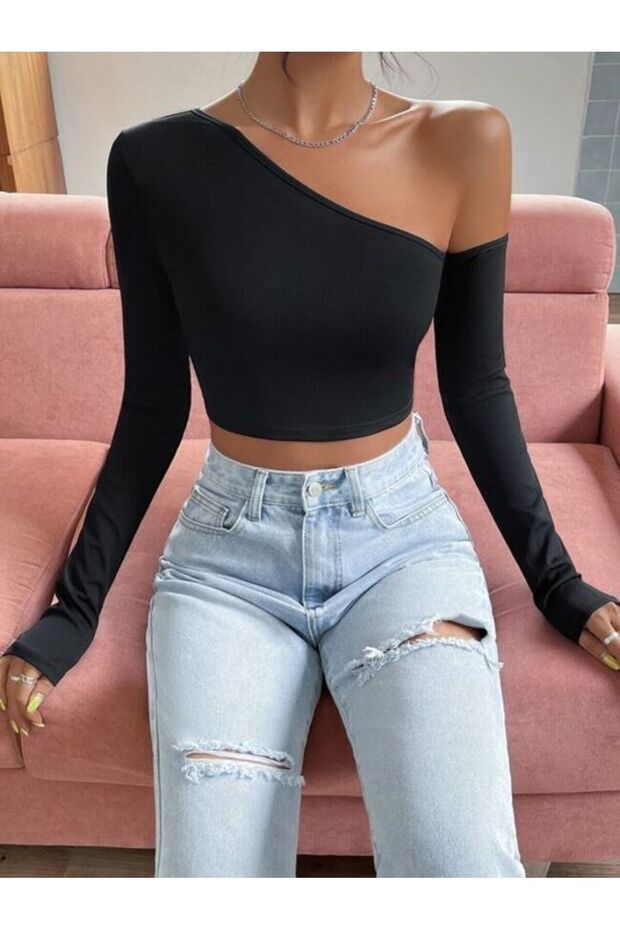 One-Shoulder Open Detachable Long Sleeve Blouse