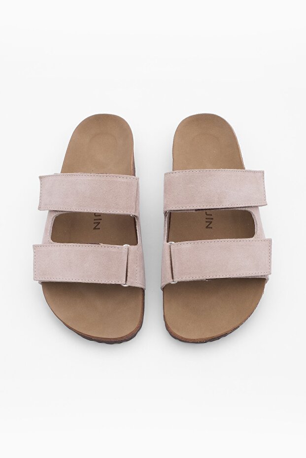 Damen Hausschuhe mit doppeltem Riemen und Klettverschluss und Eva-Sohle Mester Beige Wildleder - 6