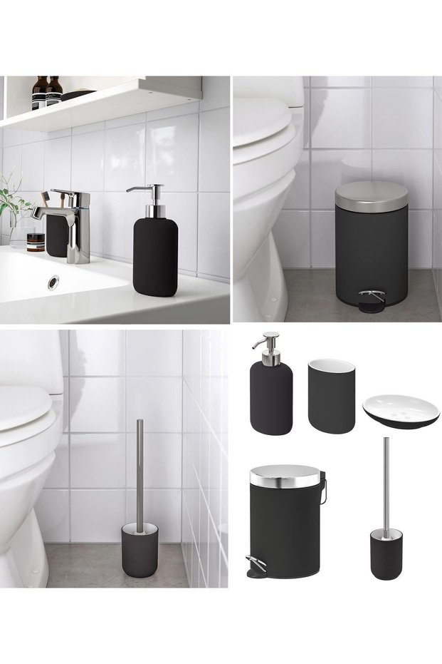 5-Piece Bathroom Set Trash Can (STEEL) - Toothbrush Holder Soap Dispenser Toilet Brush (PORSELEN) Black