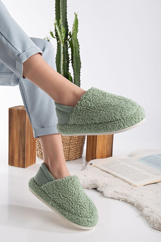 Kuzu Kumaş Yünlü Sessiz Taban Lastikli Kadın Ev Ayakkabısı Ev Botu Panduf - 3