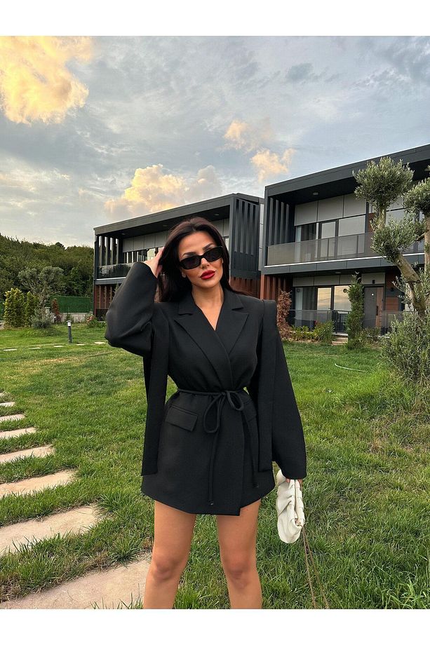 Tasarım Bağlamalı Oversize Blazer Ceket - 3