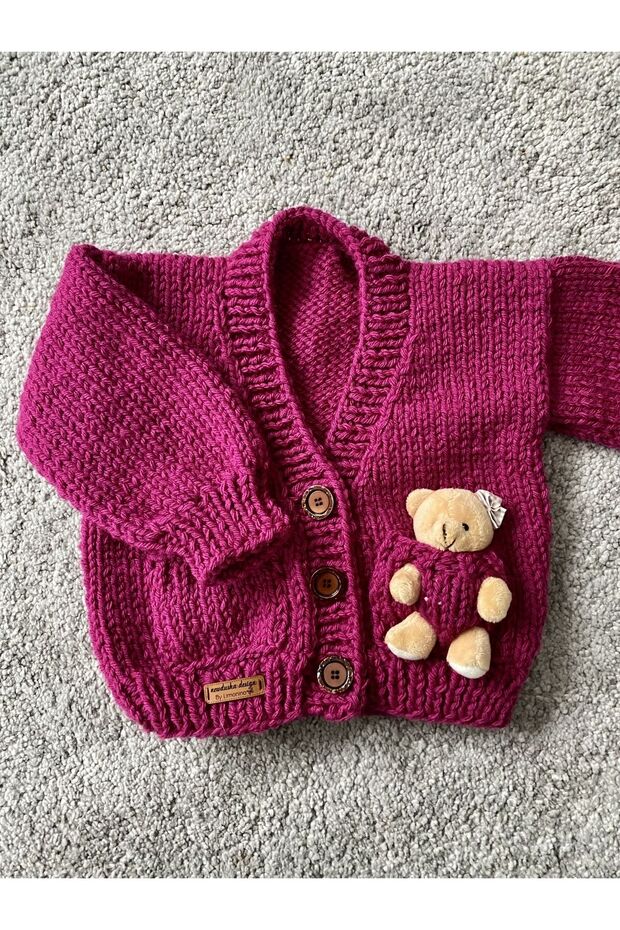 Hand Knitted Teddy Bear Detailed Girl's Cardigan