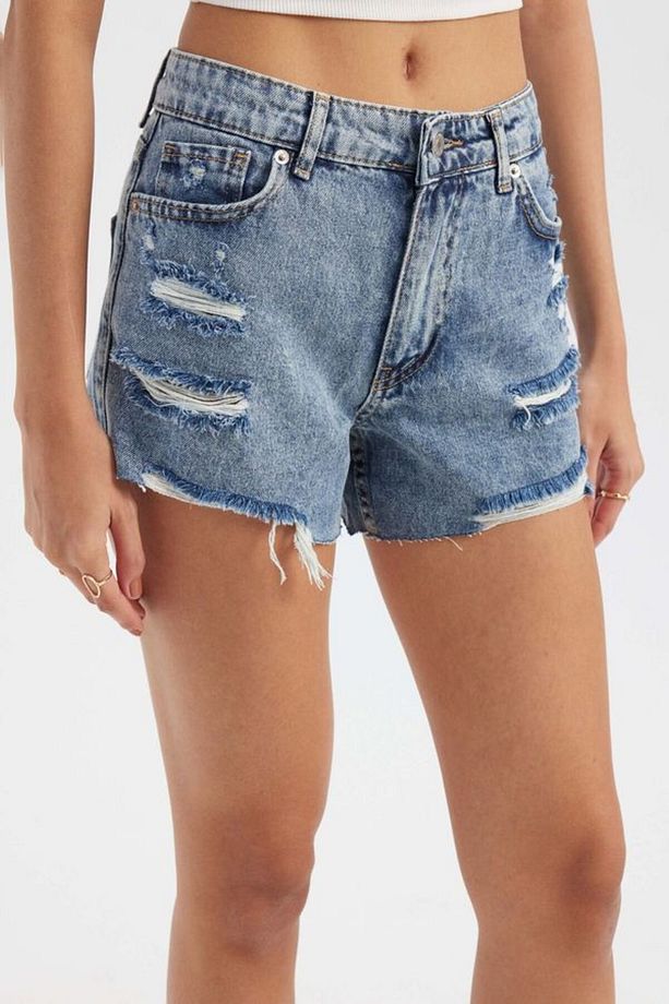 Yırtık Detaylı Yüksek Bel Denim Şort - 3