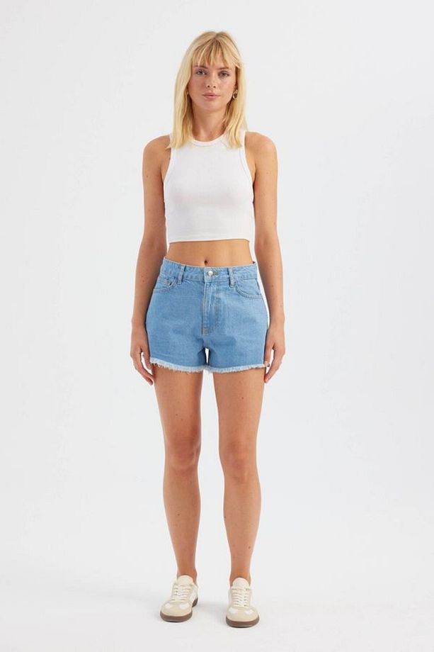 Koyu Renk Yüksek Bel Denim Şort - 3