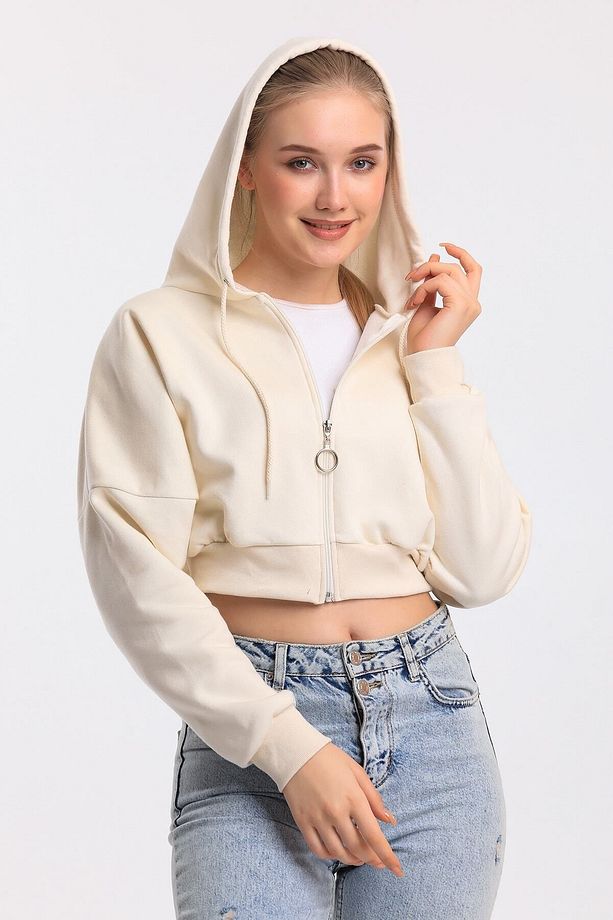 Ekru Oversize Kordon Detaylı Kapüşonlu Fermuarlı Sweat - 8