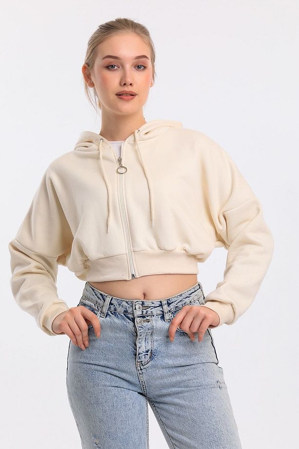 Ekru Oversize Kordon Detaylı Kapüşonlu Fermuarlı Sweat - 6