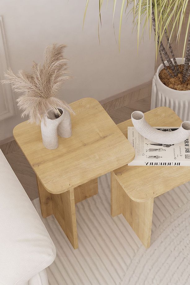 Kare Zigon Sehpa Takımı, 2 li Set, Yan Sehpa - Safir Meşe - 4