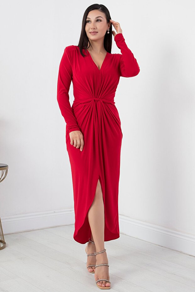 V Yaka Uzun Kol Sandy Elbise NY4411 - 6