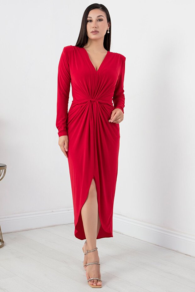 V Yaka Uzun Kol Sandy Elbise NY4411 - 5