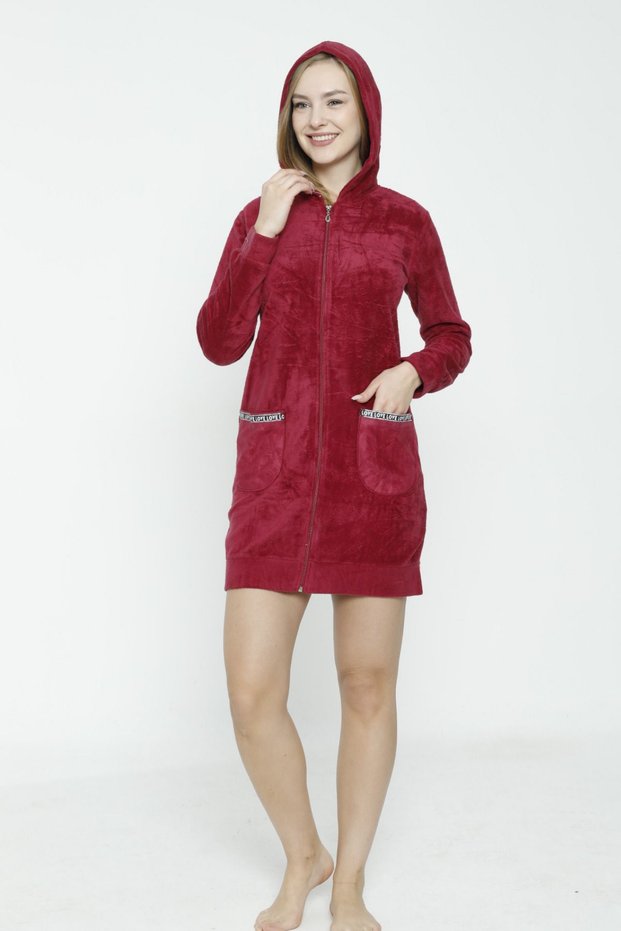 Women's Long Sleeve Hooded Soft Fleece Dress with Pockets and Zipper